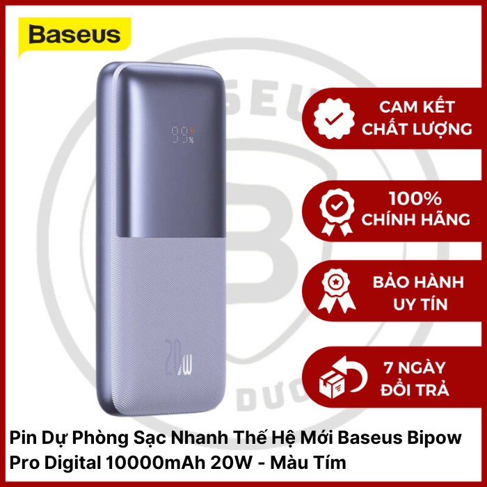 Pin Dự Phòng Sạc Nhanh Thế Hệ Mới Baseus Bipow Pro Digital Display Fast Charge Power Bank 10000mAh - 20W (Kèm Cáp Type C 3A 30cm) - Màu Tím