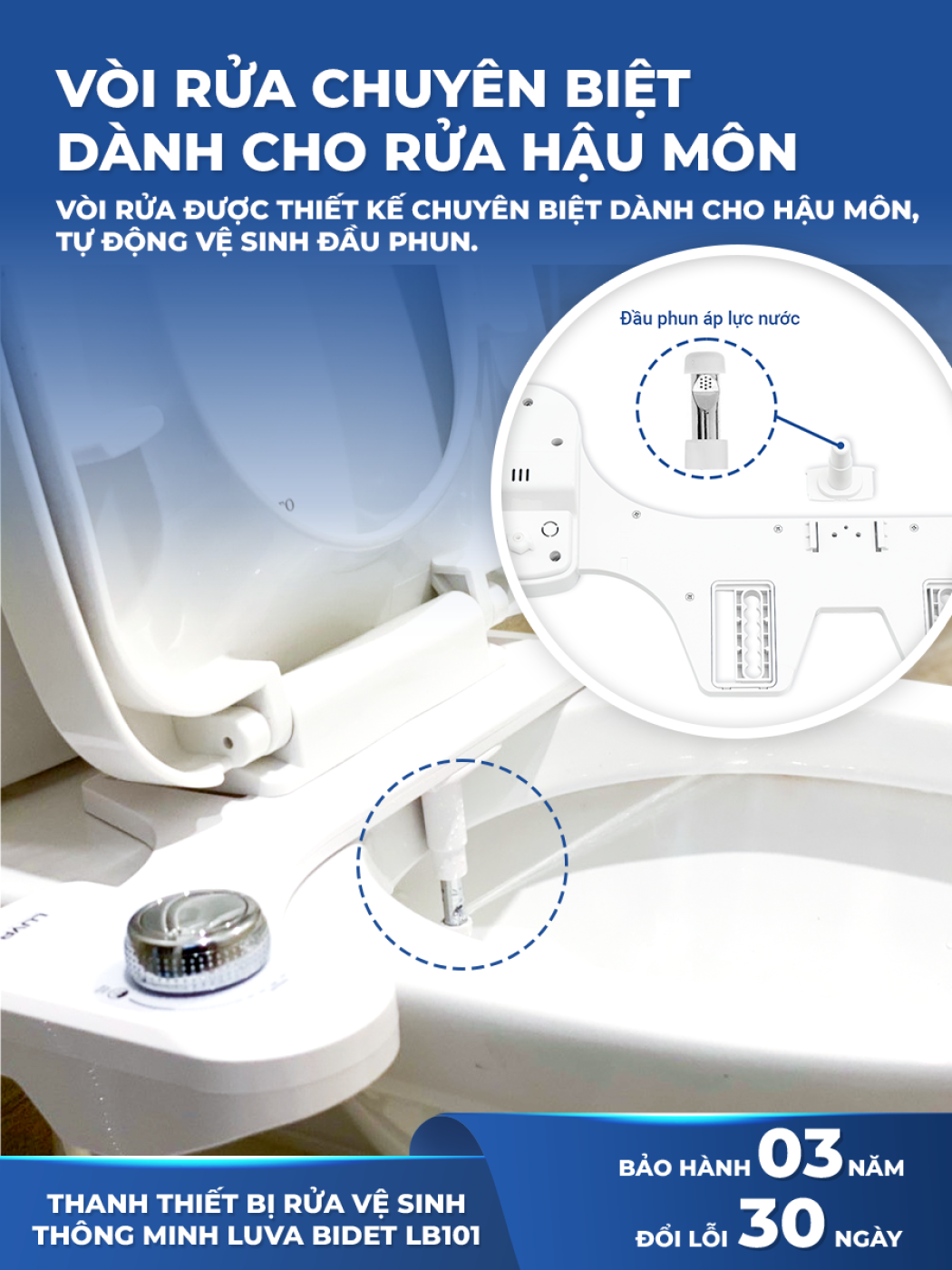Vòi rửa vệ sinh thông minh LUVA BIDET LB101, BH 3 năm, đổi lỗi 100 ngày