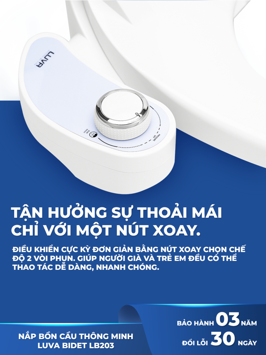 Nắp bồn cầu vệ sinh thông minh Luva Bidet LB203, Bảo hành 3 năm, đổi lỗi 100 ngày