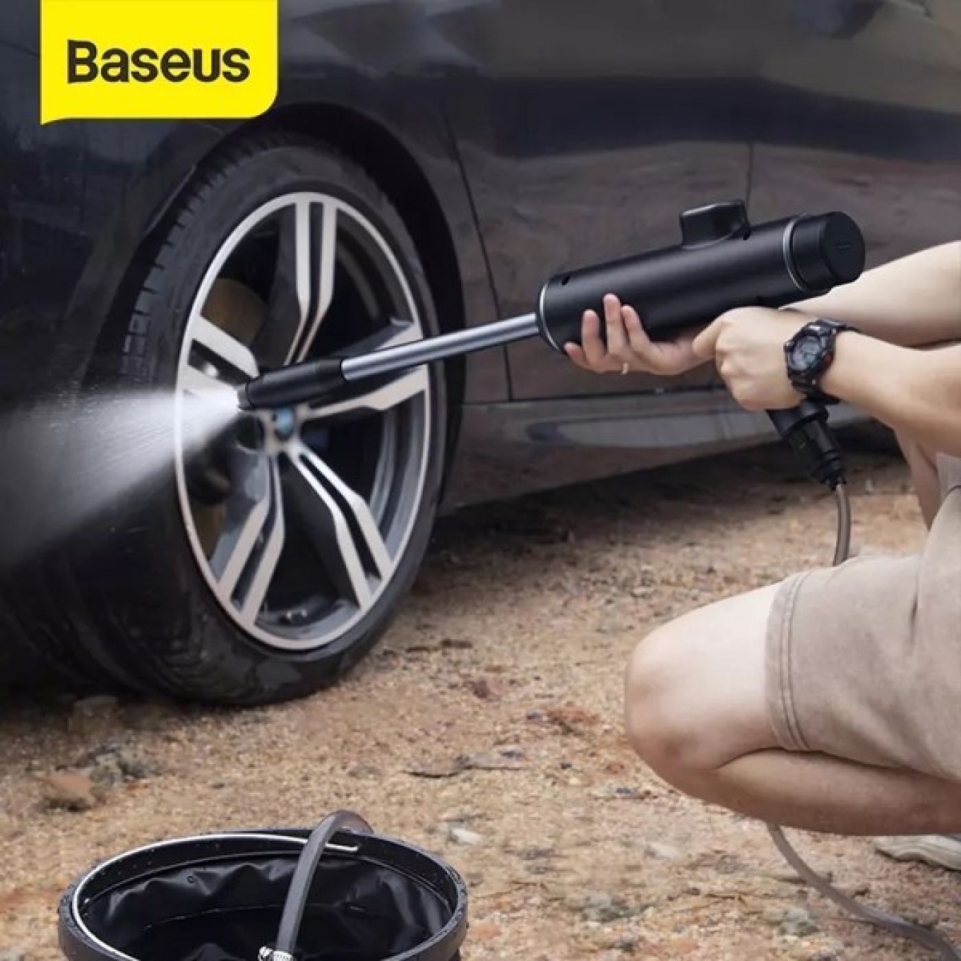 Máy phun tăng áp rửa xe ô tô ,sạc pin , hãng Baseus Dual Power Portable Electric