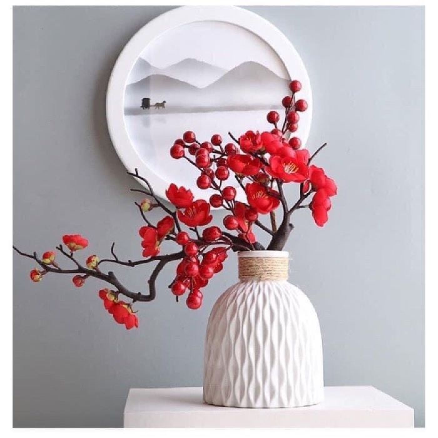 Bình hoa mai kèm đào đông đỏ, Bình hoa đào bonsai, hoa mai giả trang trí tết