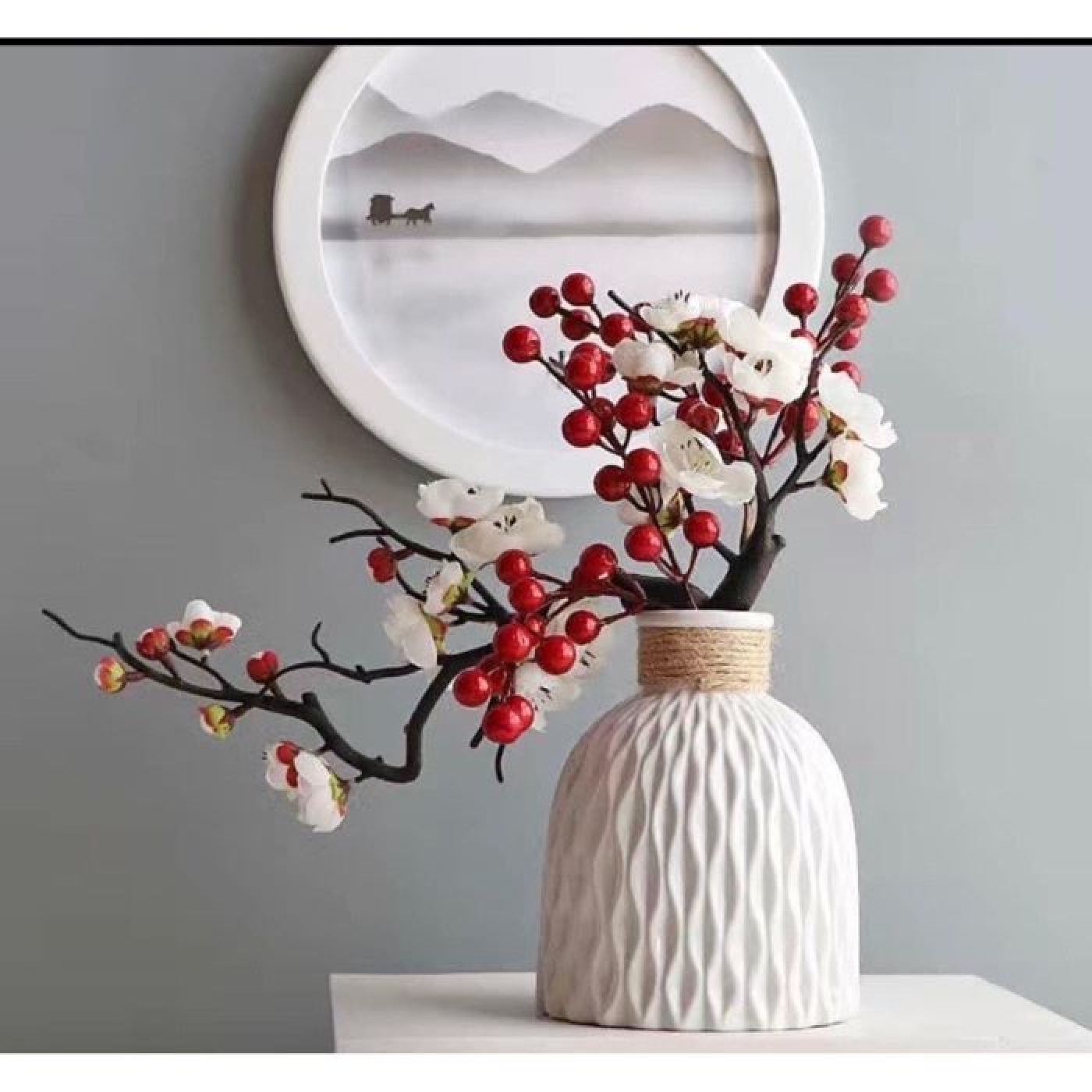 Bình hoa mai kèm đào đông đỏ, Bình hoa đào bonsai, hoa mai giả trang trí tết