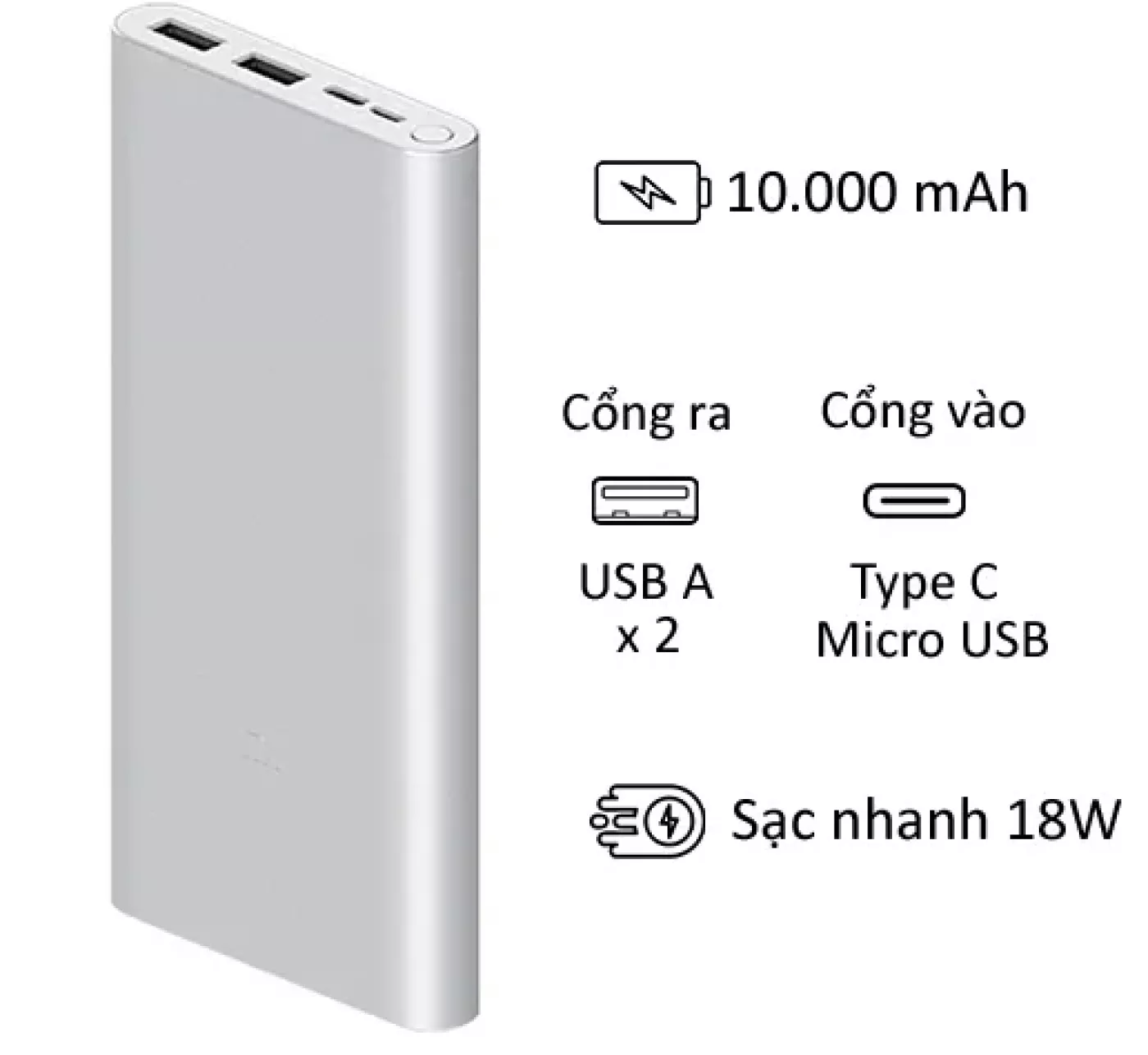Sạc dự phòng Polymer 10.000mAh Xiaomi 18W Tyce C Fast Charge Power Bank 3