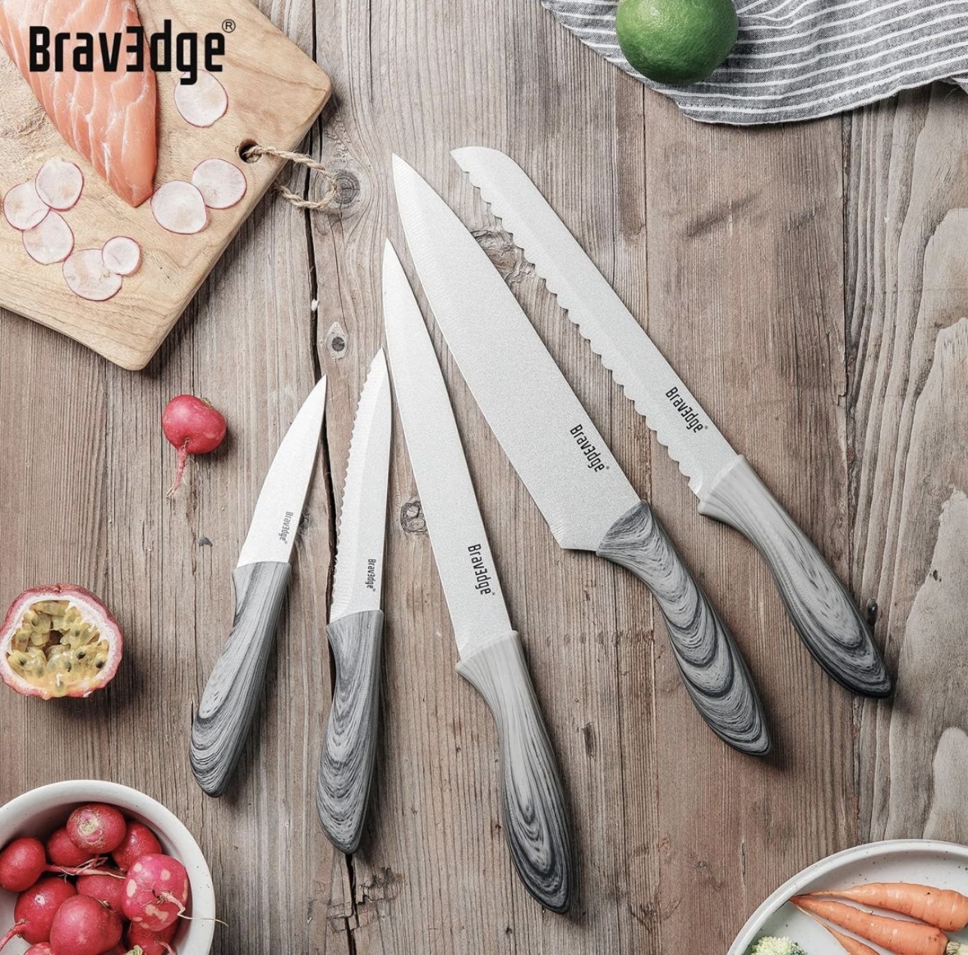 Bộ dao làm bếp chuyên nghiệp 5 món hãng Bravedge ( Amazon Mỹ ) thép không gỉ , có bọc dao