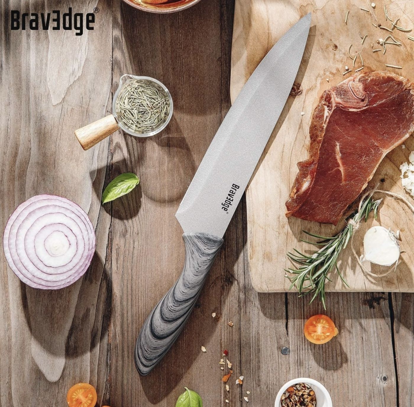 Bộ dao làm bếp chuyên nghiệp 5 món hãng Bravedge ( Amazon Mỹ ) thép không gỉ , có bọc dao