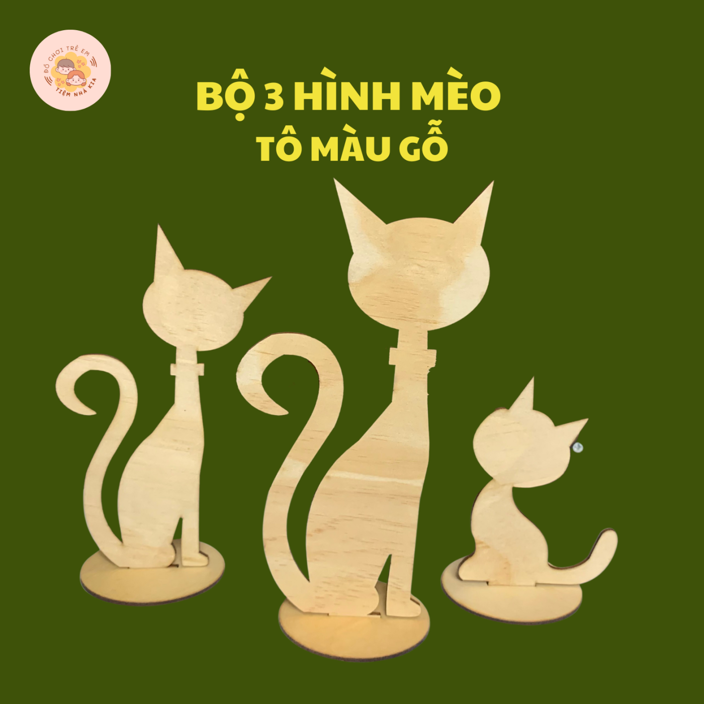 Bộ 3 Hình Mèo Tô Màu Gỗ DIY Giúp Bé Thỏa Sức Sáng Tạo_Có thể làm đồ trang trí, quà tặng sinh nhật