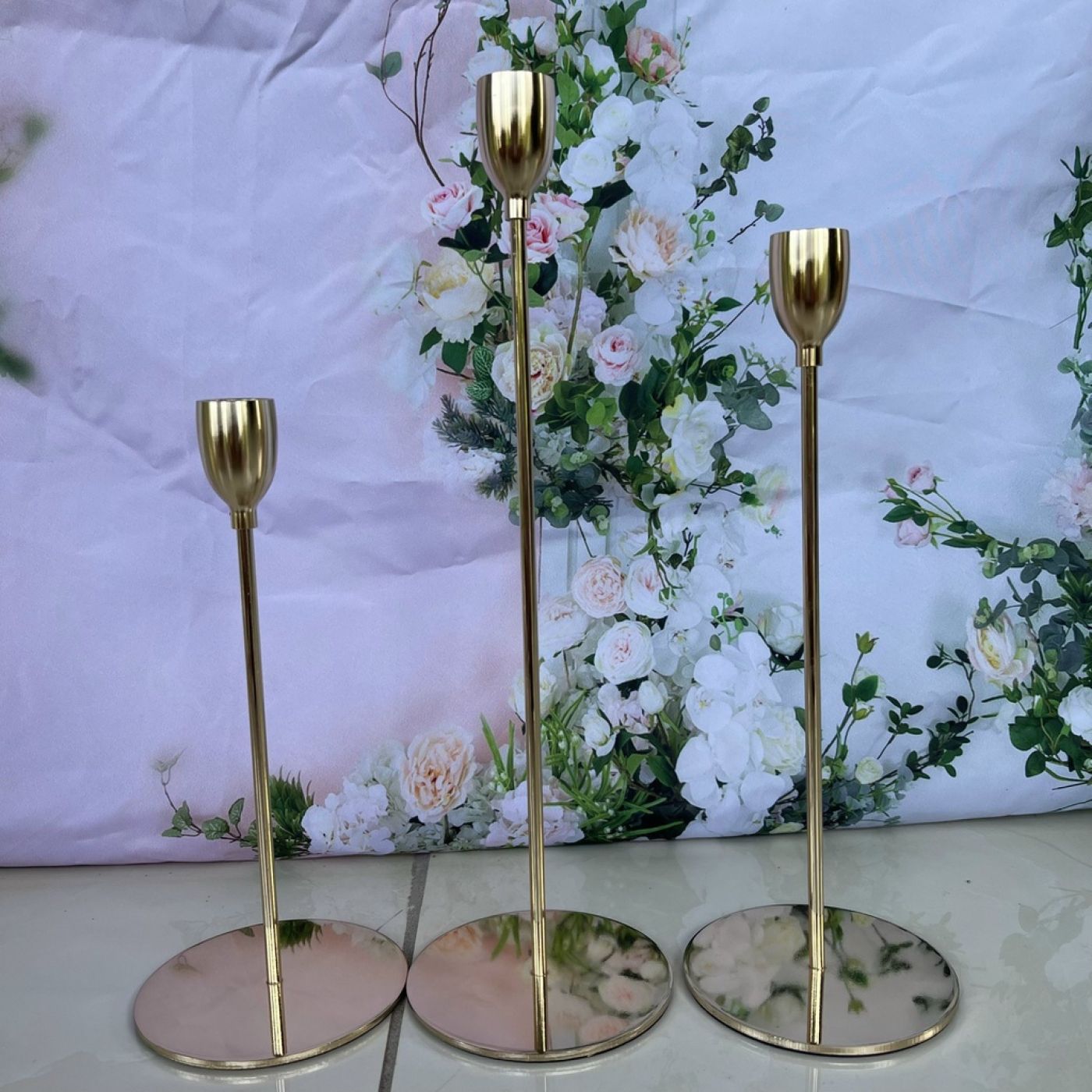 Bộ 3 Chân nến kim loại mạ vàng để bàn tiệc ,decor nhà hàng khách sạn
