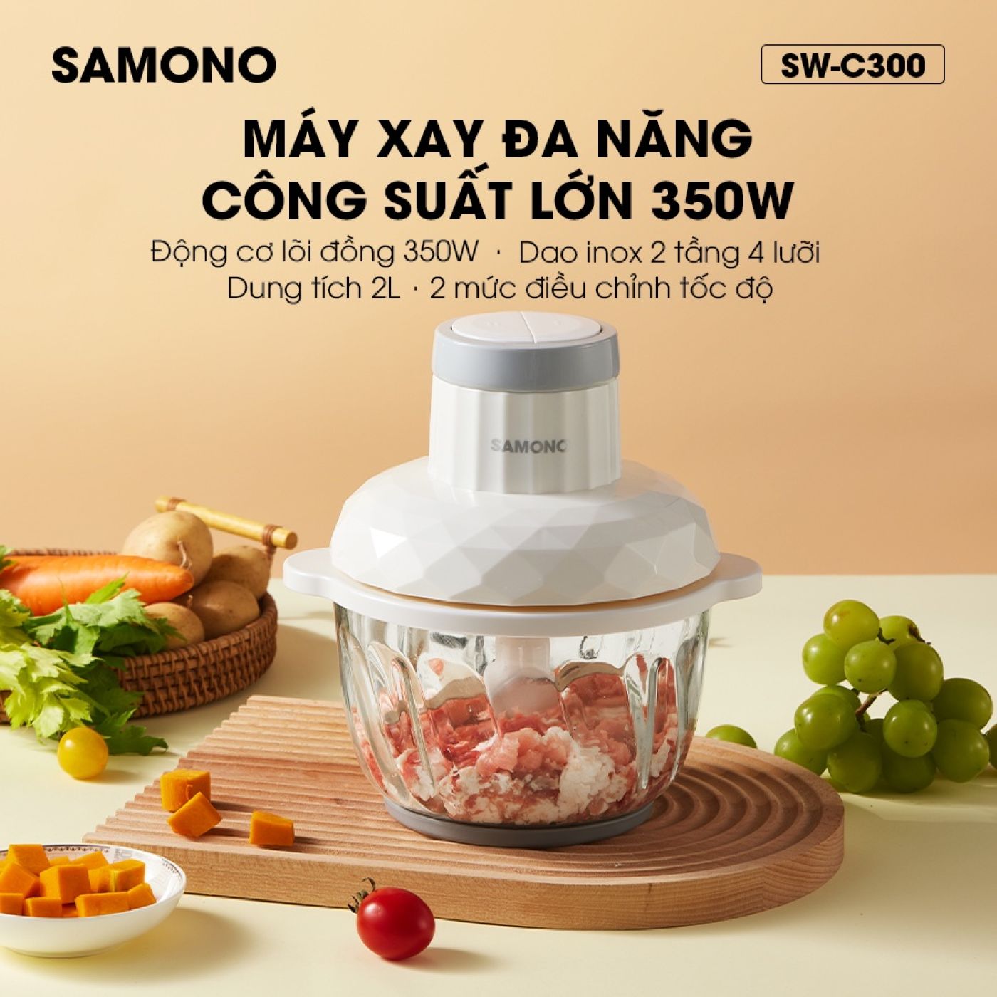 Samono Máy xay thịt/cá/rau củ/tỏi ớt đa năng 2L- 350W, 4 lưỡi dao xay cho gia đình SW-C300