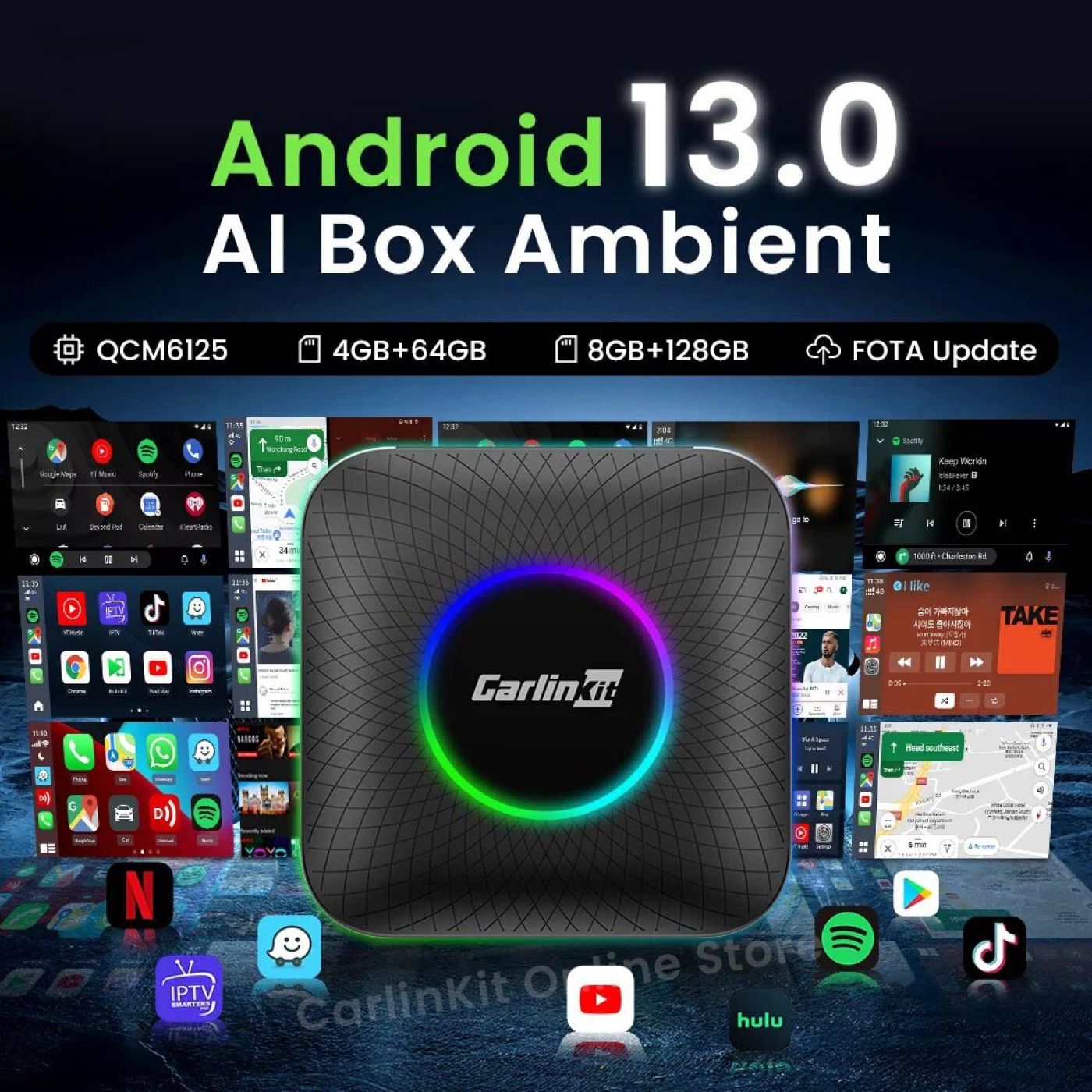 Android Box Carlinkit Tbox Ambient Led Chip 6225 Ram 8GB Rom 128GB