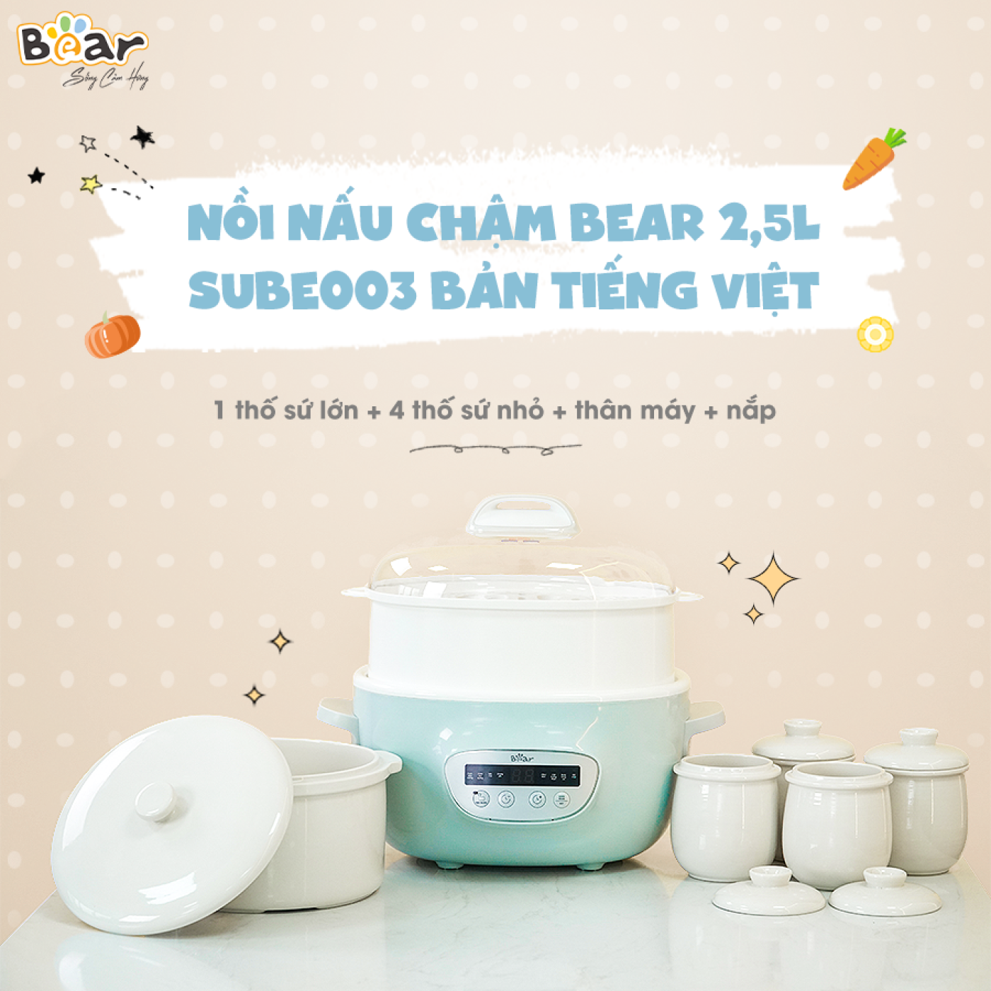 Nồi Nấu Chậm 2,5L Bear Chính Hãng Đa Năng Nấu Cháo, Chưng Yến Bản Tiếng Việt