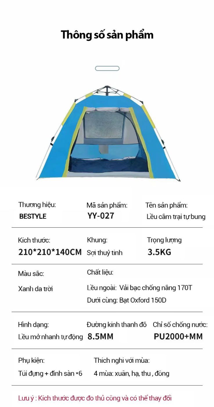 Lều Cắm trại Camping tự mở - chính hãng BESTYLE - khung sợi thuỷ tinh , lều 2 lớp