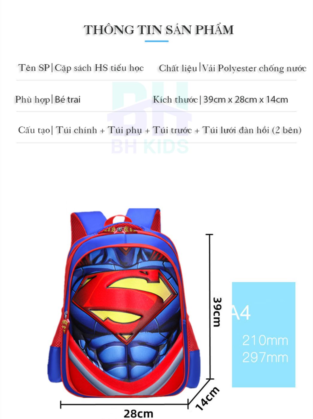 Balo siêu nhân chống thấm nước cho bé trai, học sinh tiểu học, hoạt hình 3D nổi ngộ nghĩnh, dễ thươn