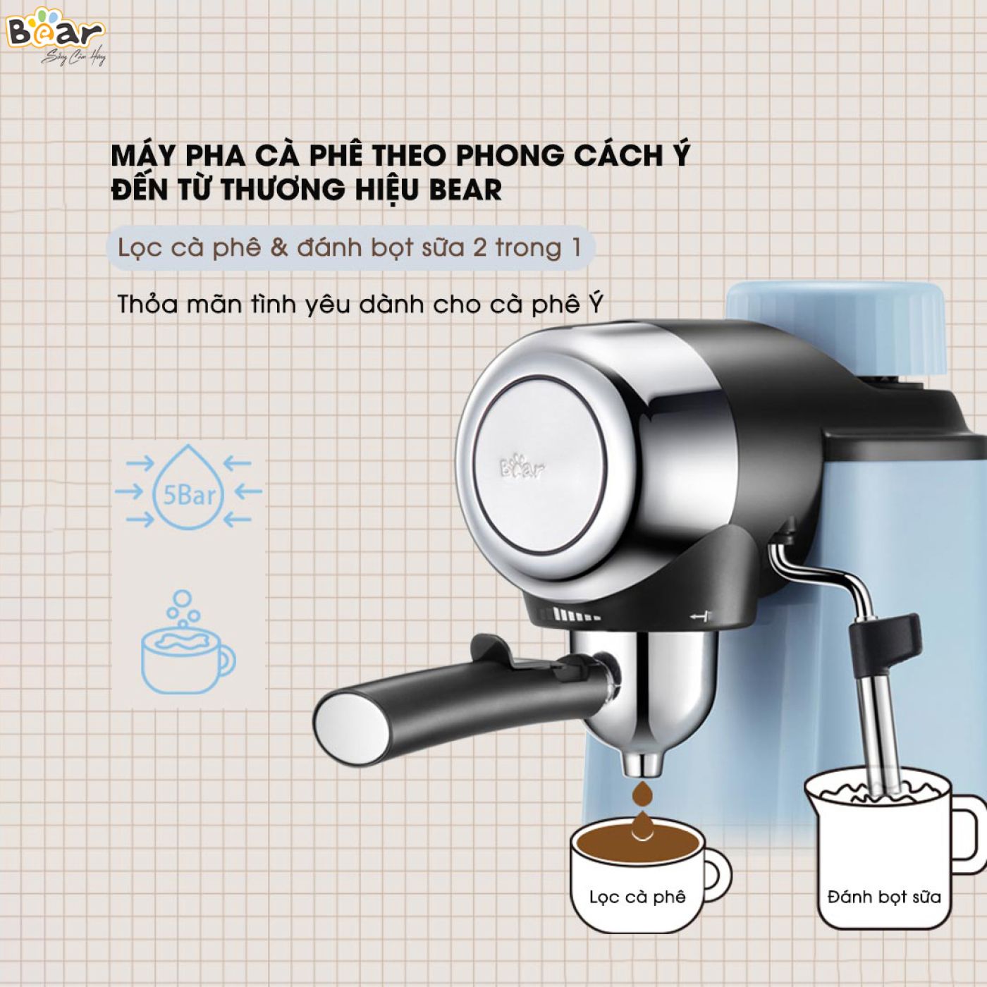 Máy Pha Caphe Bear Tự Động Pha Cafe, Pha Espresso Phong Cách Ý CF-B02V1