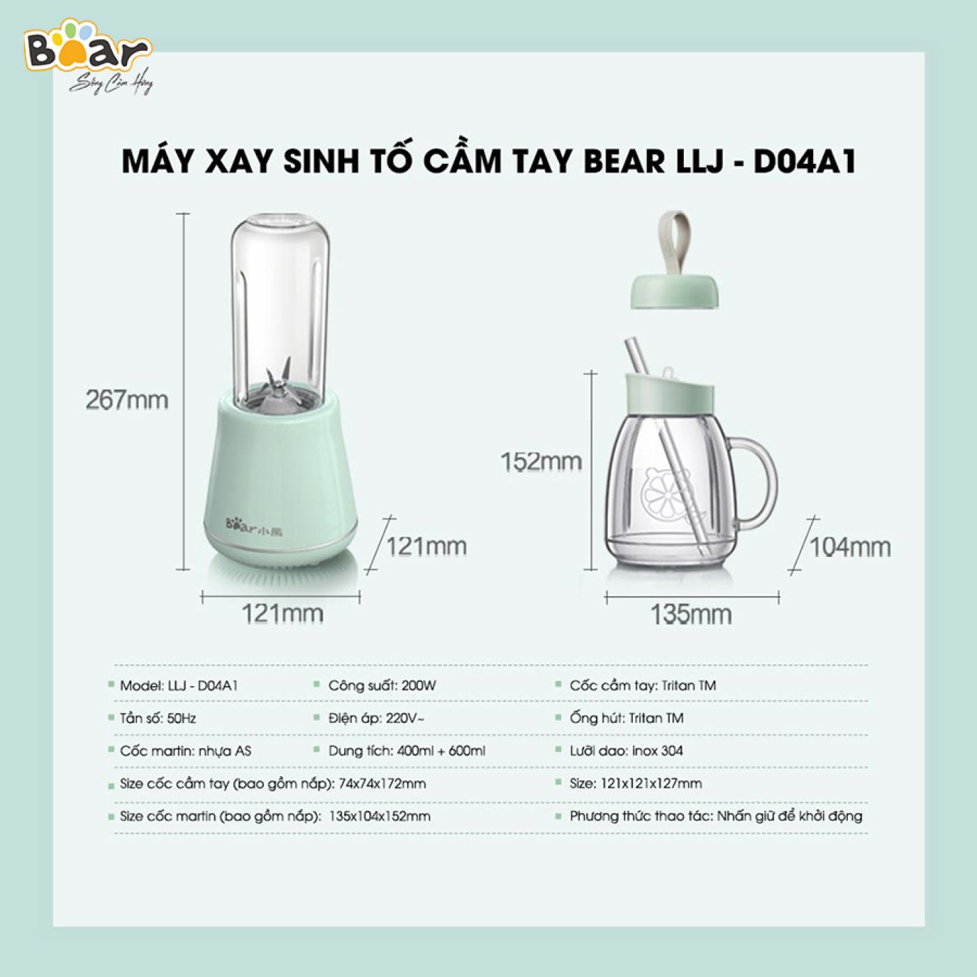 Máy Xay Sinh Tố Cầm Tay Bear, Xay Hoa Quả Công Suất Lớn, Chất Liệu An Toàn LLJ-D04A1