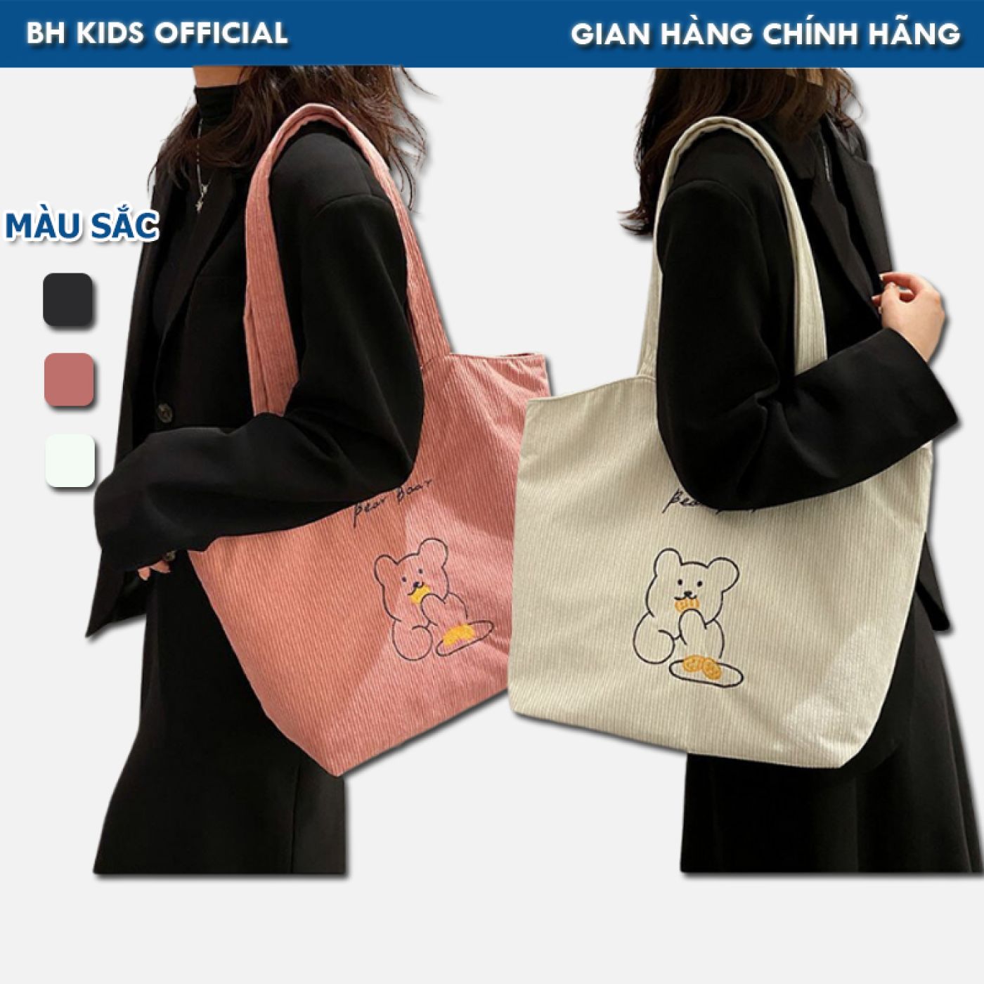 Túi đeo chéo, tote nhung thêu Gấu BH Kids, thời trang, cá tính, đựng vừa Laptop 15.6 inch, Ipad, A4