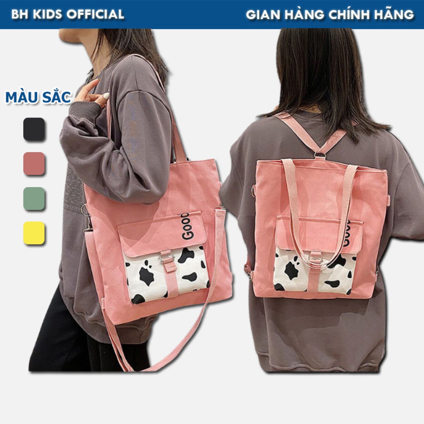 Túi đeo chéo BH Kids họa tiết Bò Sữa, phiên bản Hàn Quốc; vải Canvas, đựng vừa Ipad, sách A4 - CH123