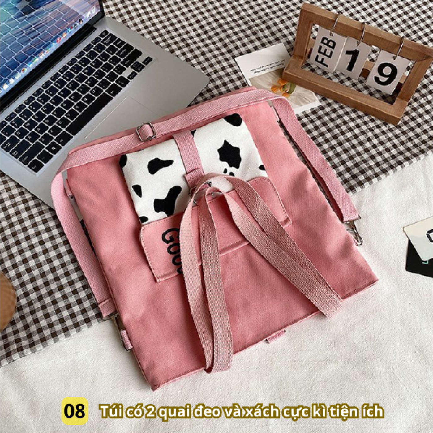 Túi đeo chéo BH Kids họa tiết Bò Sữa, phiên bản Hàn Quốc; vải Canvas, đựng vừa Ipad, sách A4 - CH123