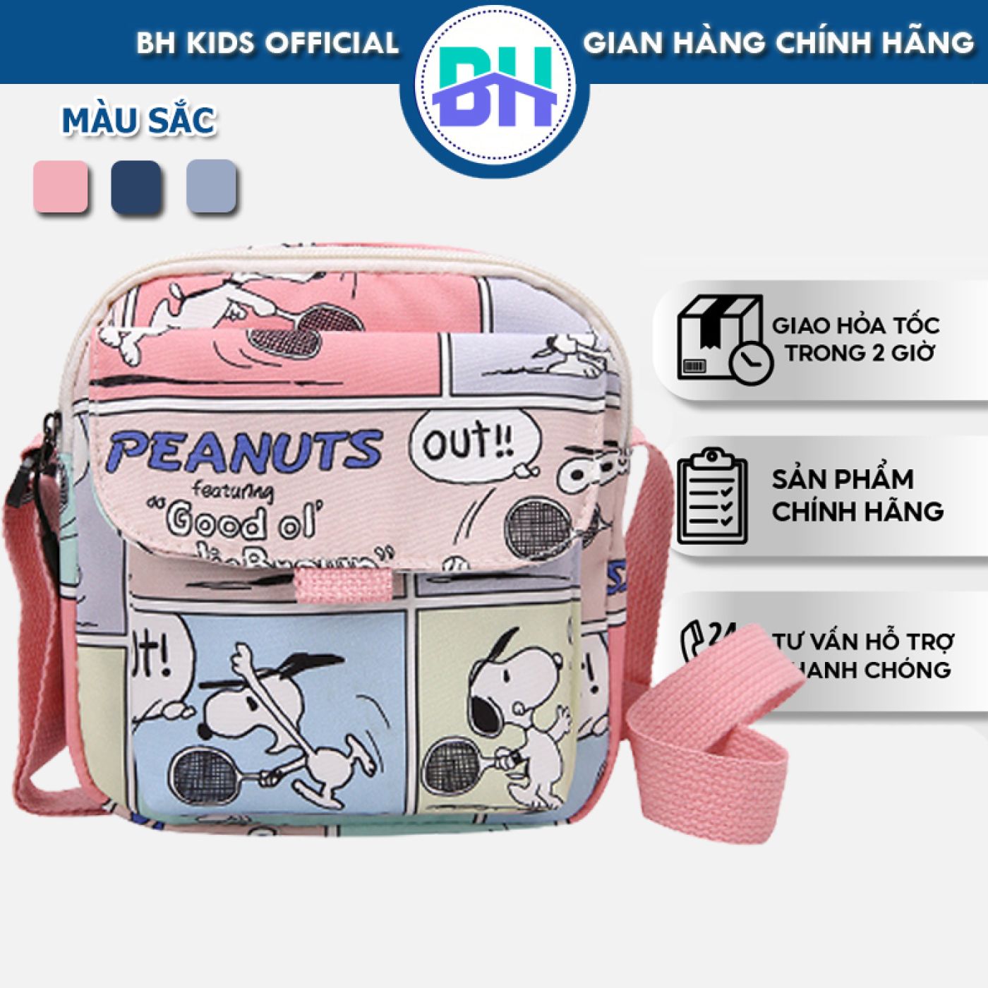 Túi đeo chéo nữ BH Kids họa tiết hoạt hình Snoopy, phong cách ngộ nghĩnh, dễ thương, kháng nước nhẹ
