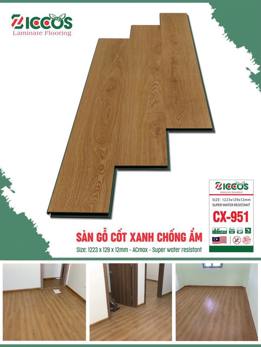 Sàn gỗ cốt xanh kháng ẩm 12mm