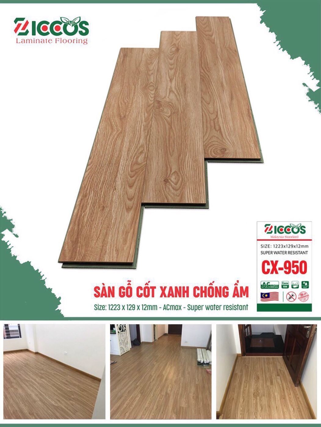 Sàn gỗ cốt xanh kháng ẩm 12mm