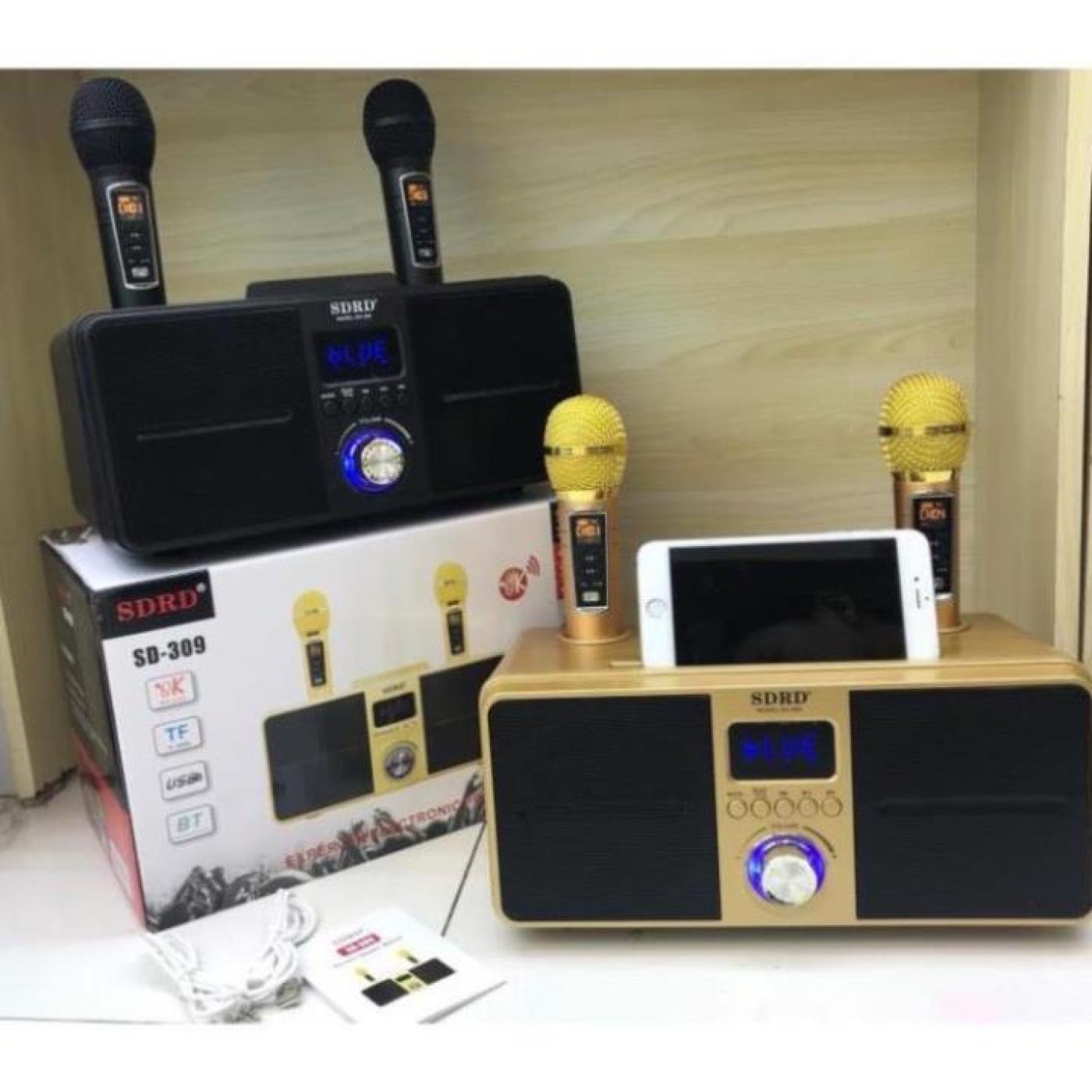 Loa Bluetooth SDRD SD 309 Karaoke mini.Bản Cao Cấp Chất Lượng, Kèm 2 Micro Sạc Không Dây BH 12 tháng