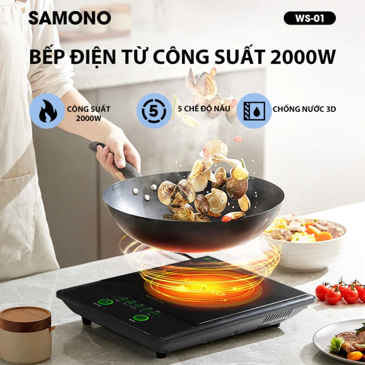 Samono Bếp điện từ 2000W 5 chế độ nấu, tắt thông minh, chống nước, chống trượt mặt kính dày dặn WS01