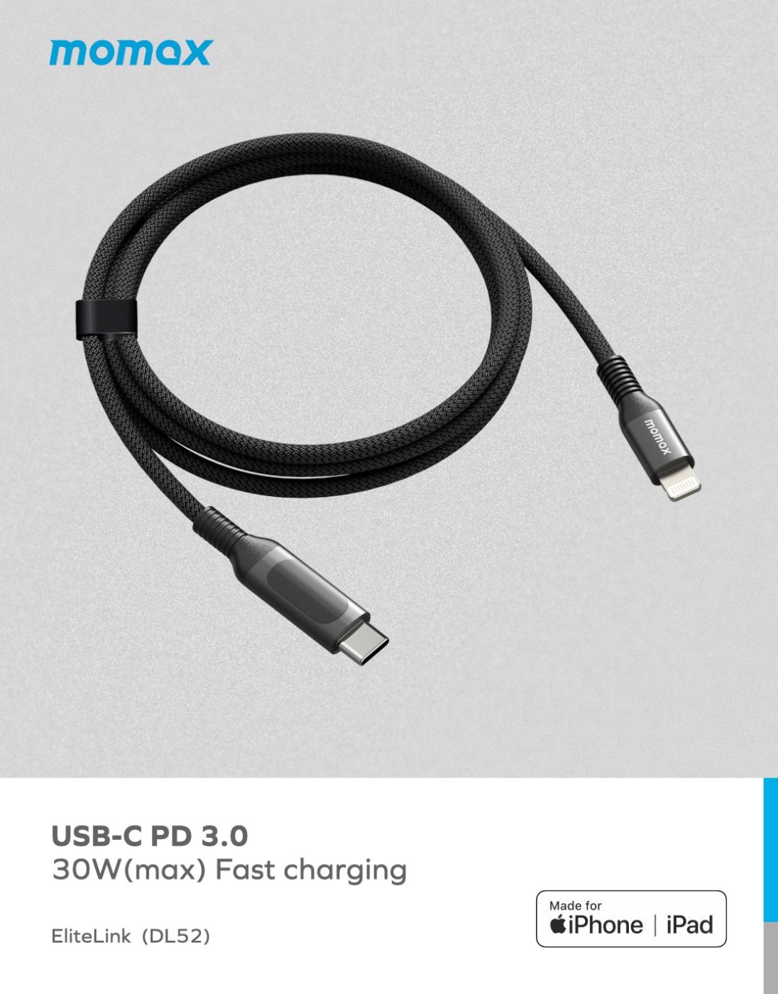 Cáp sạc nhanh bện nylon Momax Elitelink USB-C to Lightning PD 30W (1.2m) MFI DL52