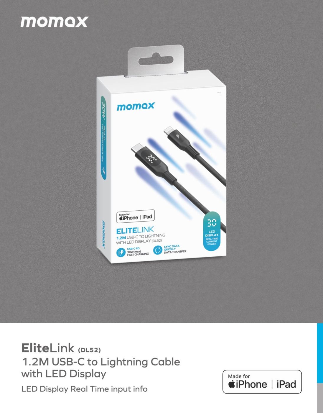Cáp sạc nhanh bện nylon Momax Elitelink USB-C to Lightning PD 30W (1.2m) MFI DL52