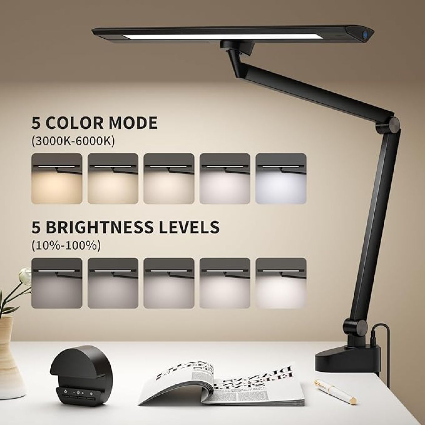 Đèn bàn LED Kary, có thiết kế kẹp, khoảng sáng rộng 16inch, 5 chế độ màu