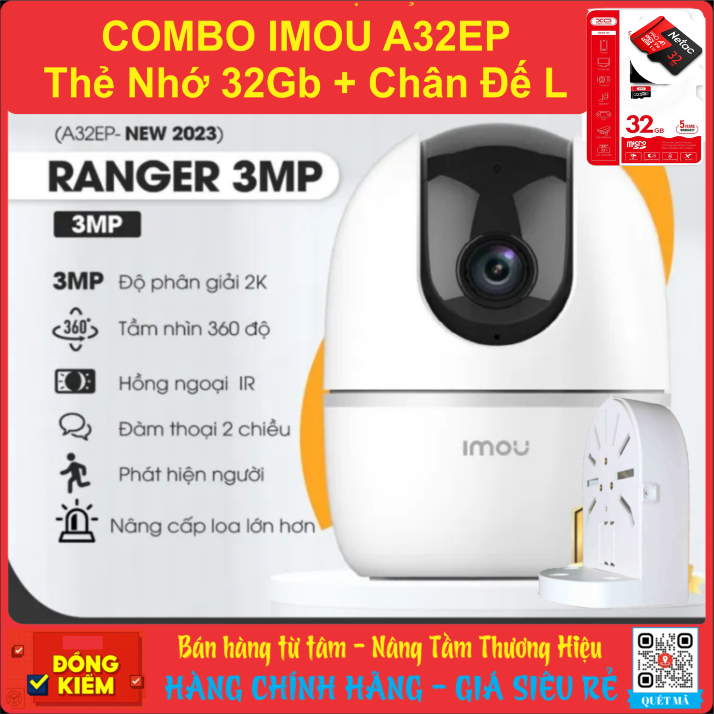 Combo Camera imou A32EP 3MP 2K (3MP) + Thẻ Nhớ 32GB XO/ NETAC + Chân Đế L - Bảo Hành 2 Năm