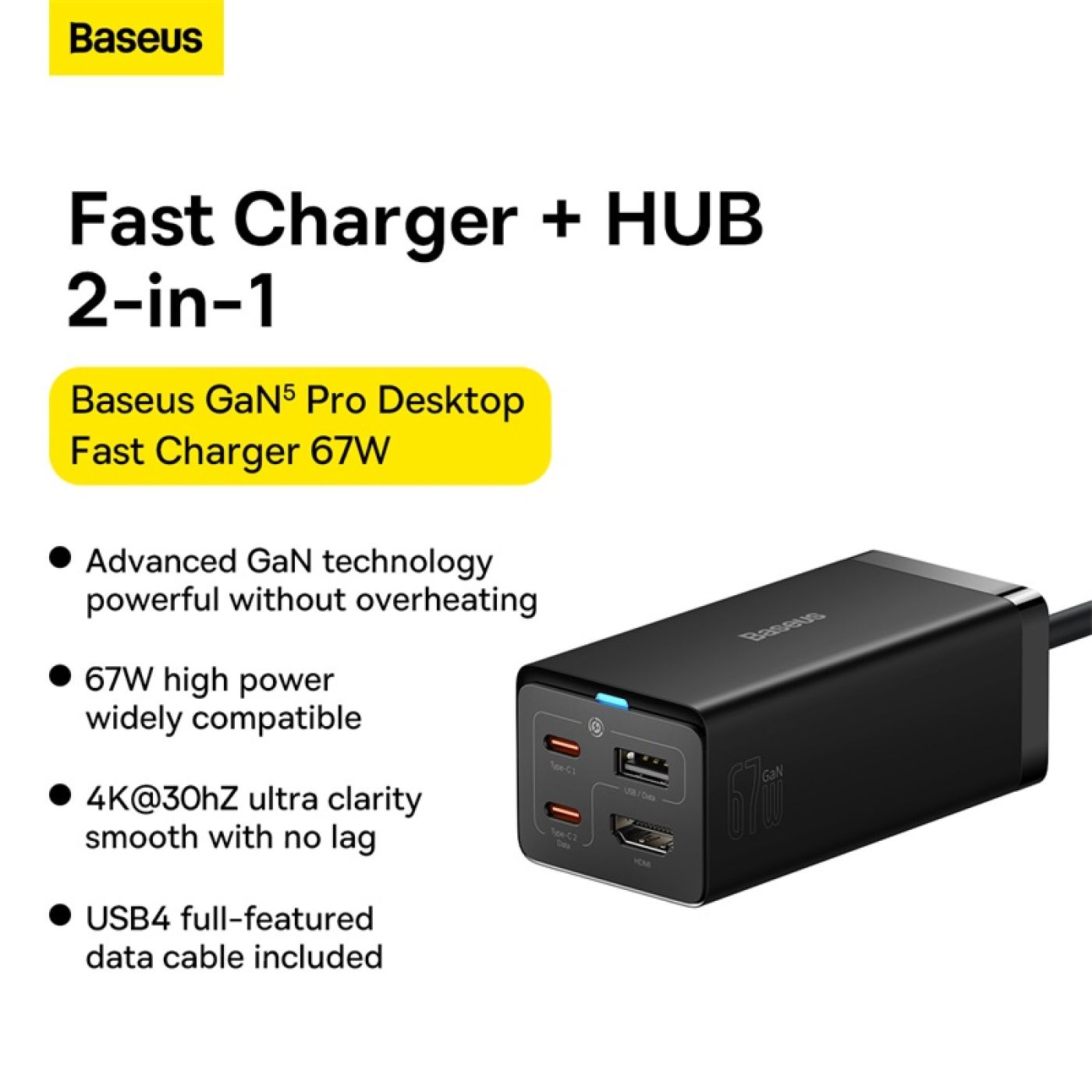 Củ Sạc Nhanh Kiêm Hub Mở Rộng Đa Năng 2 in 1 Baseus GaN5 Pro Desktop Fast Charger 1U+2C+HDMI 67W