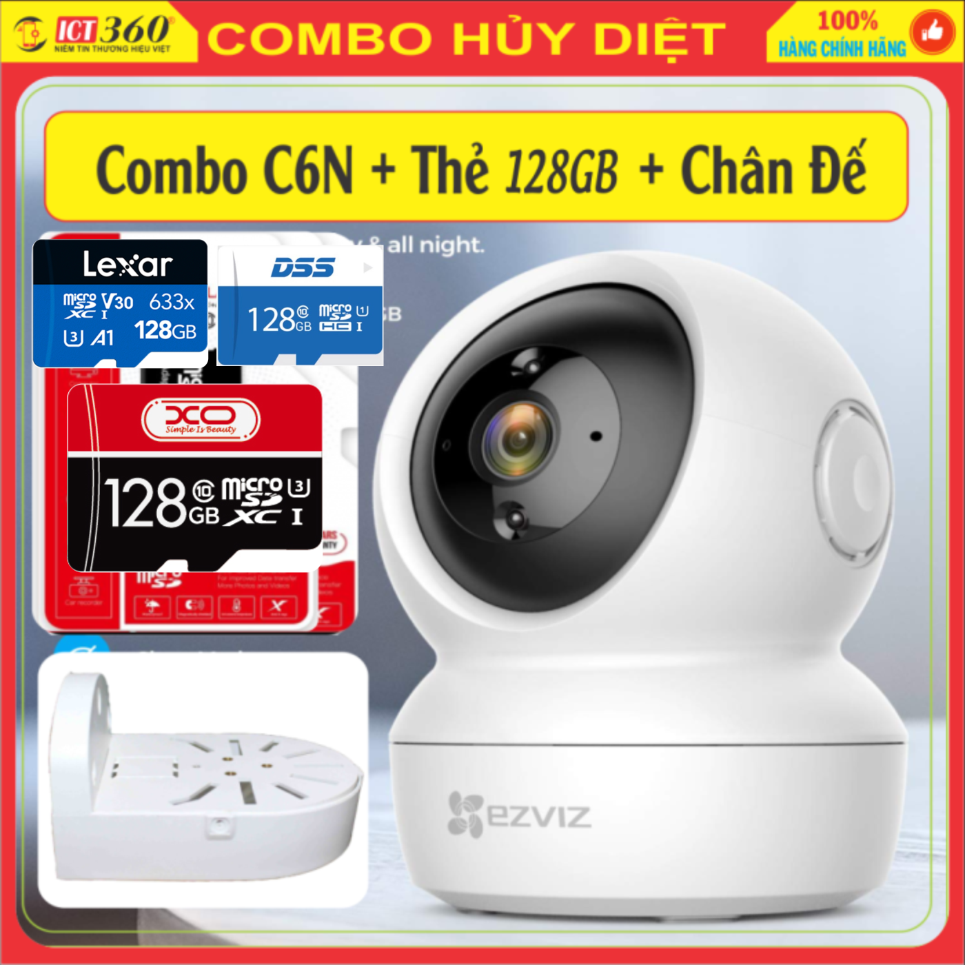 Combo Camera EZViz C6N Full HD 1080 + Thẻ 128GB + Chân Đế Chữ L ( Chính Hãng Bảo Hành 2 Năm)