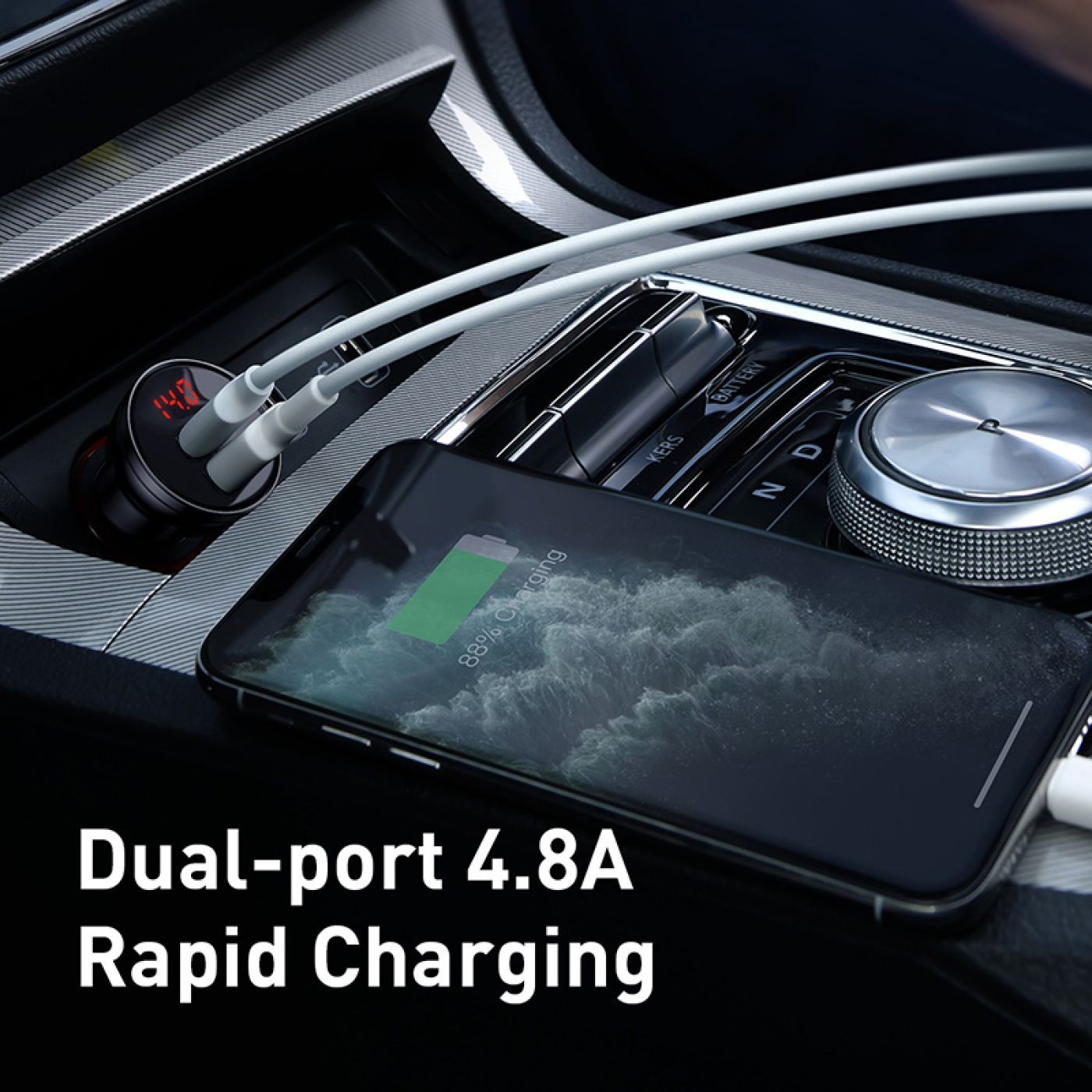 Tẩu Sạc Nhanh Ôtô Baseus Digital Display Dual USB 4.8A Car Charger 24W + cáp sạc 3 đầu