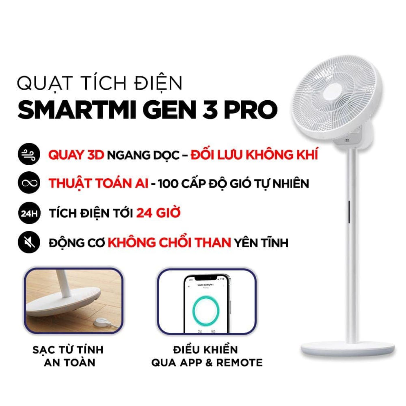 Quạt tích điện đối lưu Xiaomi Smartmi Gen 3 Pro Circulation Fan – Tích điện 24h, động cơ DC