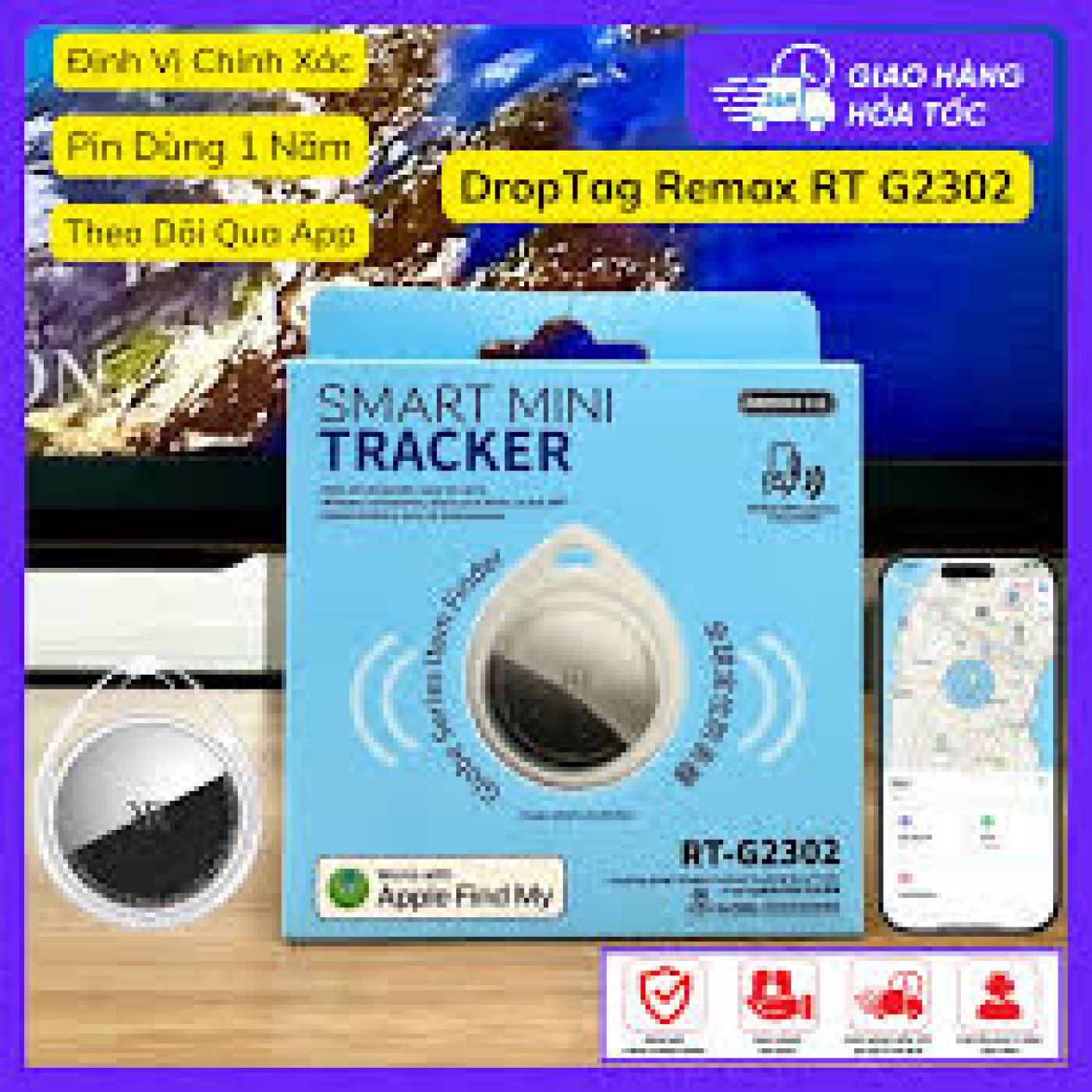 Định Vị GPS Mini Droptag Remax RT G2302 Định Vị Toàn Cầu Không Cần Lắp Sim Tích Hợp Còi B