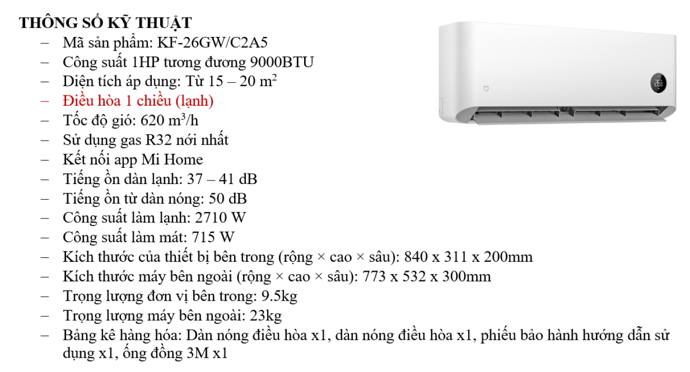 Điều Hòa 1 Chiều Xiaomi 9000 BTU ( KF-26GW/C2A5 ) - Trợ lý XiaoAi