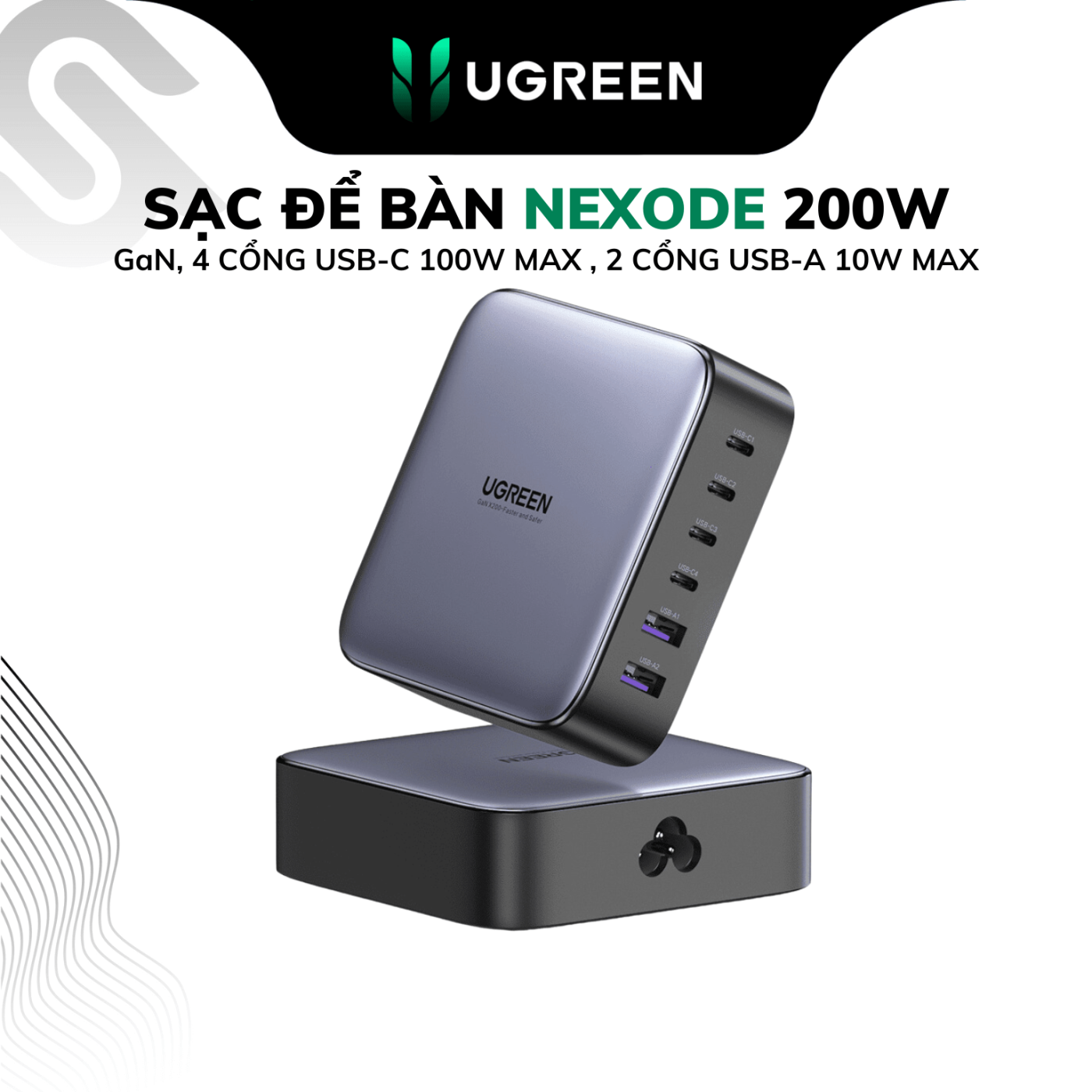 Bộ sạc nhanh để bàn UGREEN 200W Nexode GaN - 6 cổng sạc USB-C/USB-A
