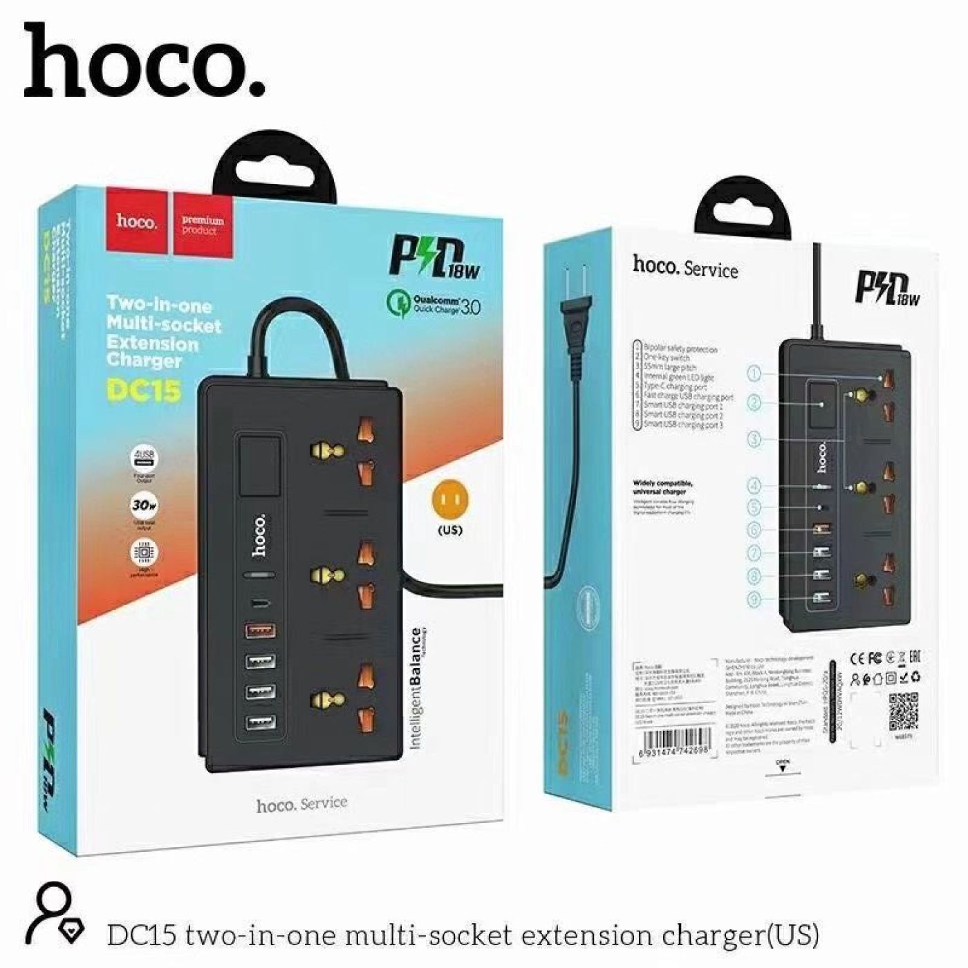 Ổ cắm điện đa năng Hoco DC15 sạc nhanh PD18W hỗ trợ 4 cổng USB- cổng AC 220V tiện dụng và an toàn