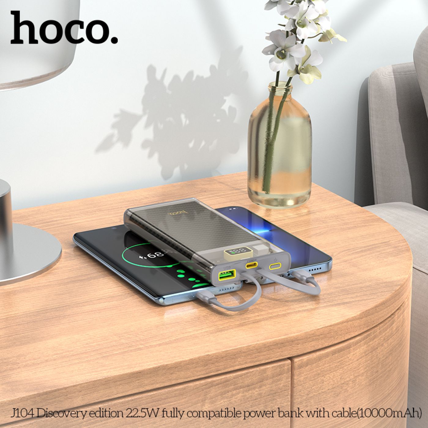 ￼Pin sạc dự phòng Hoco J104A, tích hợp dây sạc, dung lượng 20000mAh, hỗ trợ sạc nhanh 22.5W / PD QC3