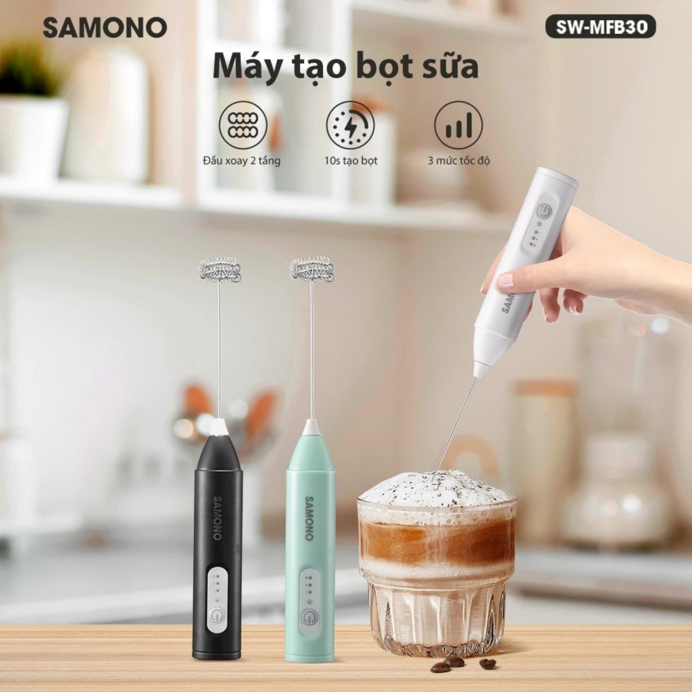 Máy tạo bọt cafe Samono SW-MFB30 xanh mint, 3 tốc độ, 7W cầm tay không dây, hỗ trợ sạc pin tiện lợi