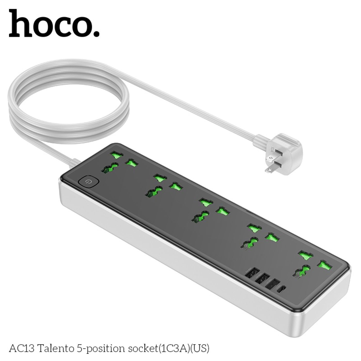 Ổ cắm điện đa năng Hoco AC13 chính hãng tích hợp sạc nhanh 3 cổng usb và 1 cổng typec 17W dài 1.5m