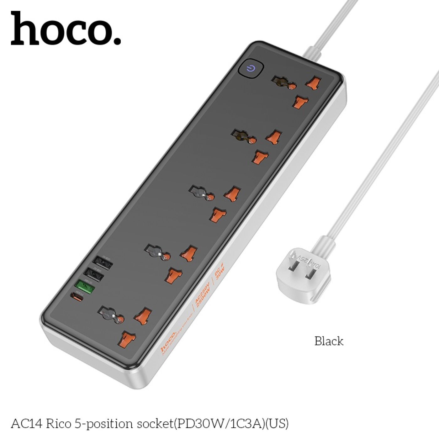 Ổ cắm điện đa năng Hoco AC14 sạc nhanh PD 30W cổng typeC + QC18W có 3*USB và 1*Type-C có 5 lỗ cắm