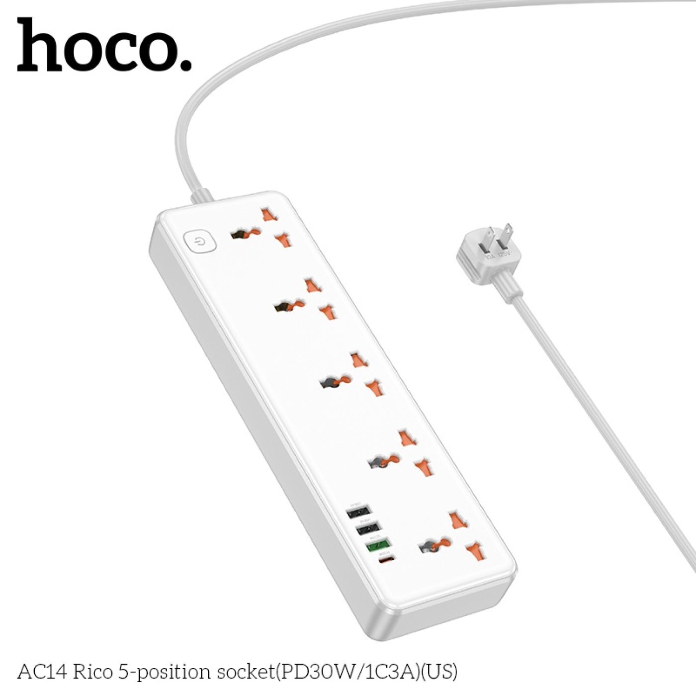 Ổ cắm điện đa năng Hoco AC14 sạc nhanh PD 30W cổng typeC + QC18W có 3*USB và 1*Type-C có 5 lỗ cắm