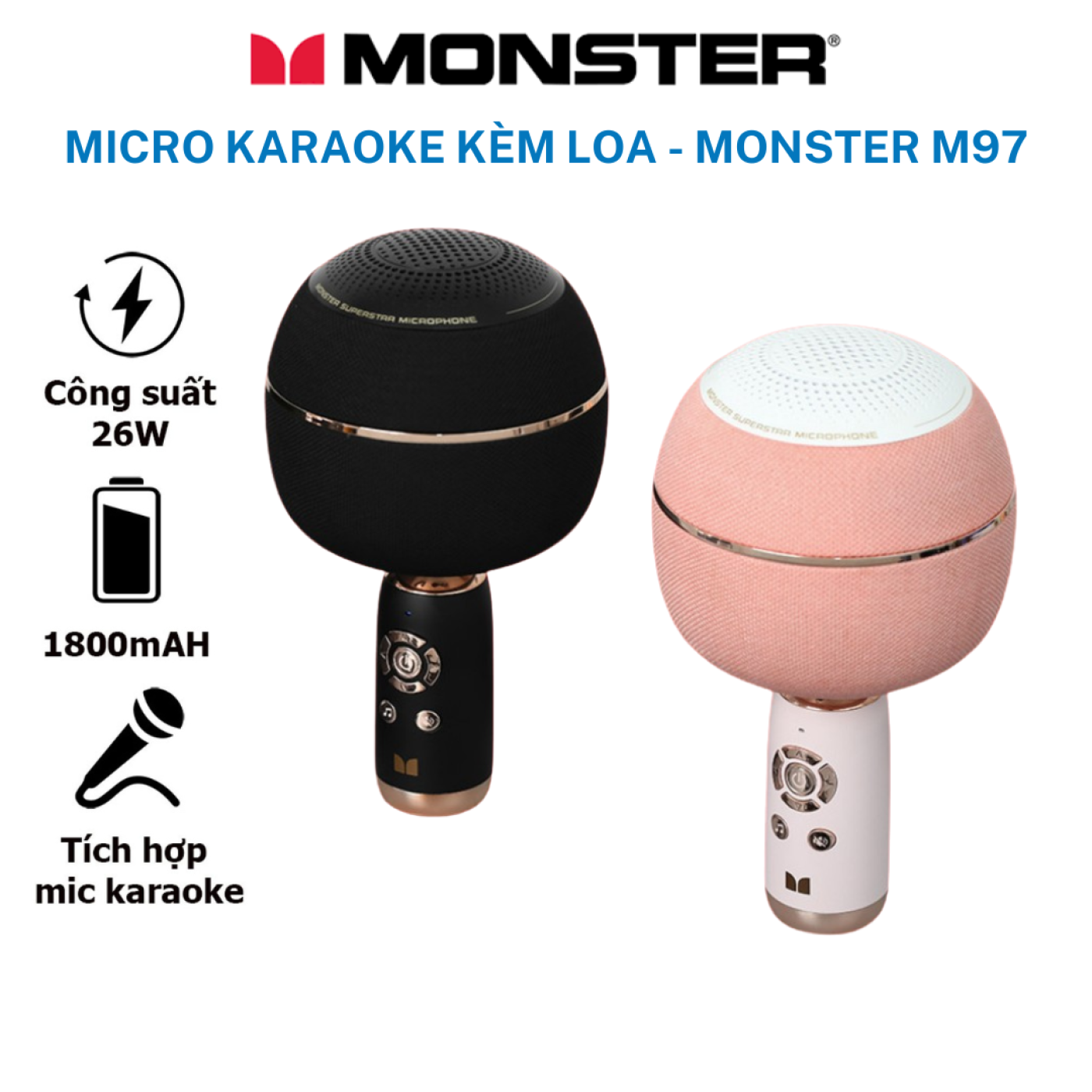 Micro Karaoke kèm Loa hãng Monster M97 ( Mỹ ), 26W,Bluetooth 5.0,TWS kết nối 2 mic