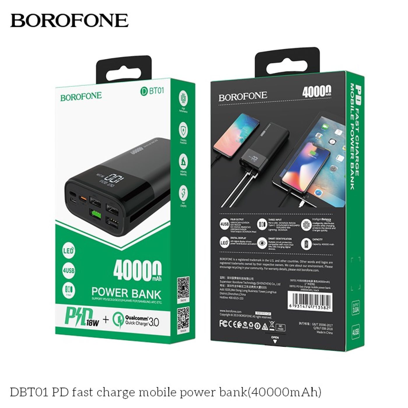 Pin sạc dự phòng sạc nhanh PD18W QC 3.0 - dung lượng cao 40.000mAh borofone DBT01
